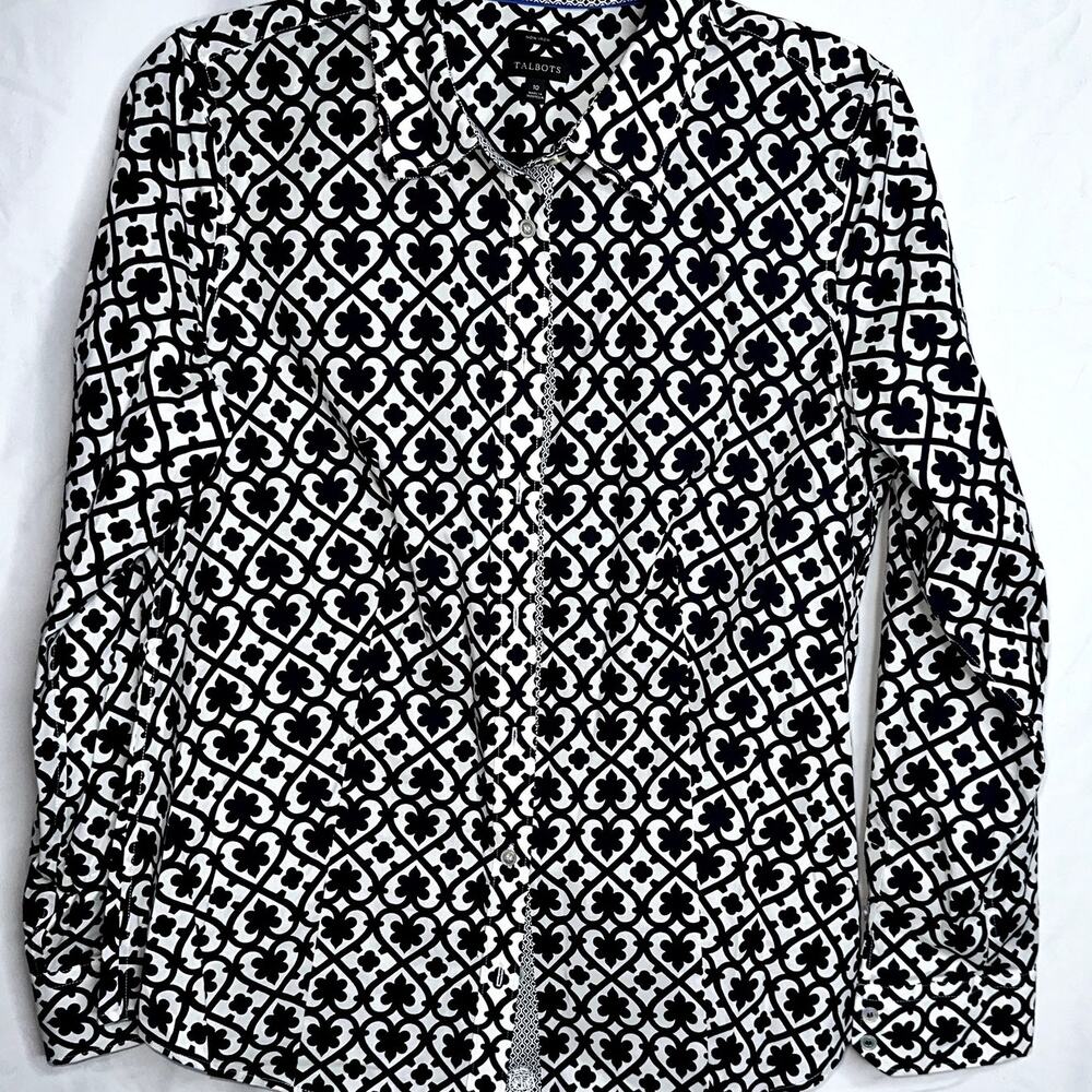 Talbots Womens Size 10 Navy Blue White Pattern Long Sleeve Button Up Blouse NWOT